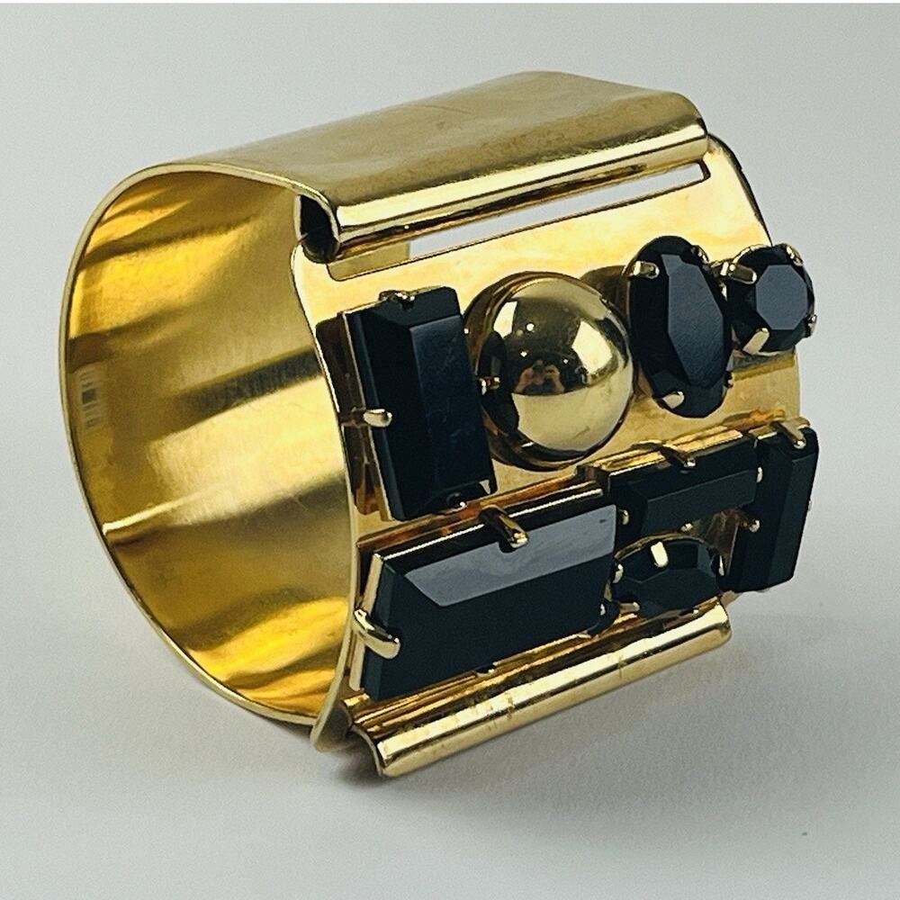 BANANA REPUBLIC Black Gold Cuff Bracelet Chunky LARGE Geometric Clamp Closure St
